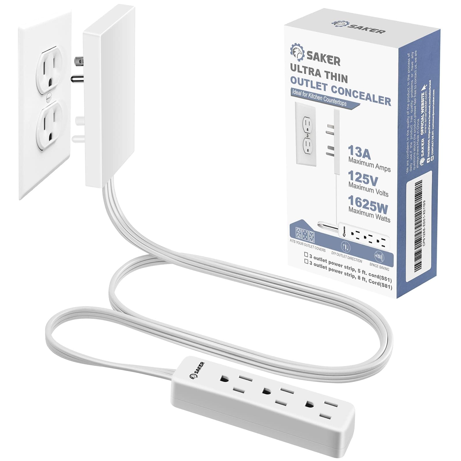 Saker Outlet Concealer Power Strip | 5ft Flat Plug Extension Cord with 3 Outlets,1625W | Universal Size Baby Proof Outlet Cover Extension Cord for Kitchen, Home and Office