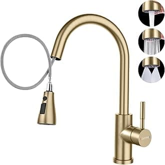 Gold Kitchen Mixer Tap with Pull Out Spray, SUS304 Stainless Steel Sink Taps Mixer with 3 Functions for Kitchen, 360° Swivel Single Handle High Arc Kitchen Faucet, Brushed Gold