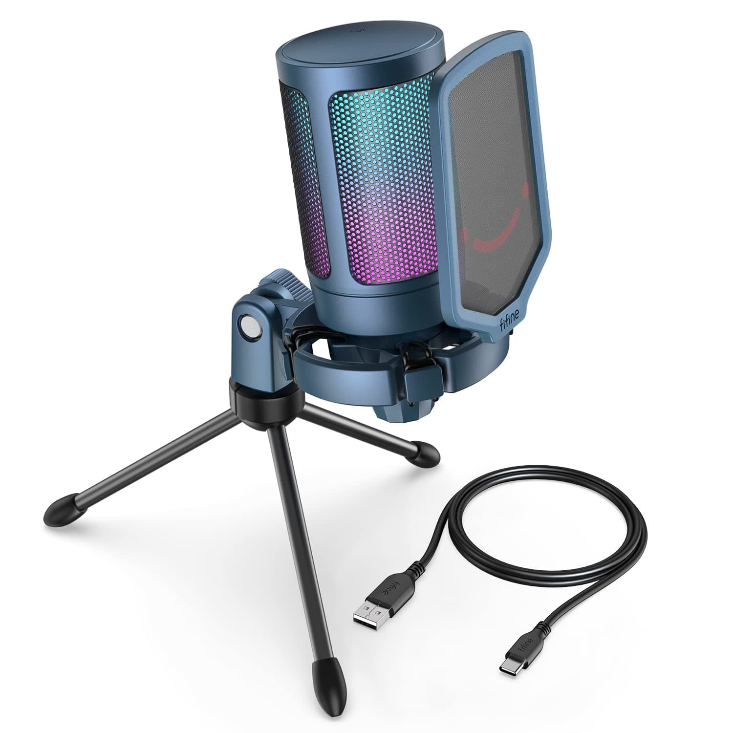 Fifine A6V Gaming Streaming USB PC Microphone for Mac OS/Windows, AmpliGame Condenser Cardioid Mic with RGB for Video Vocal Recording Twitch Discord, Gamer Computer Mic-Blue