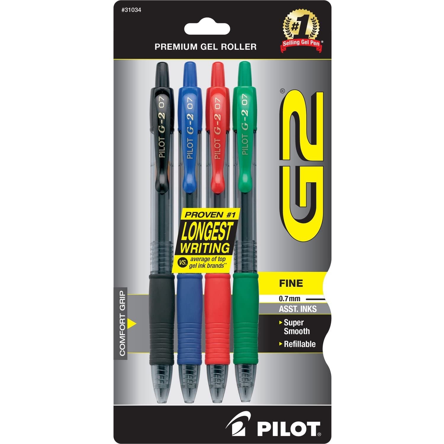 PILOT G2 Premium Refillable and Retractable Rolling Ball Gel Pens, Fine Point, Black/Blue/Red/Green Inks, 4-Pack (31034)