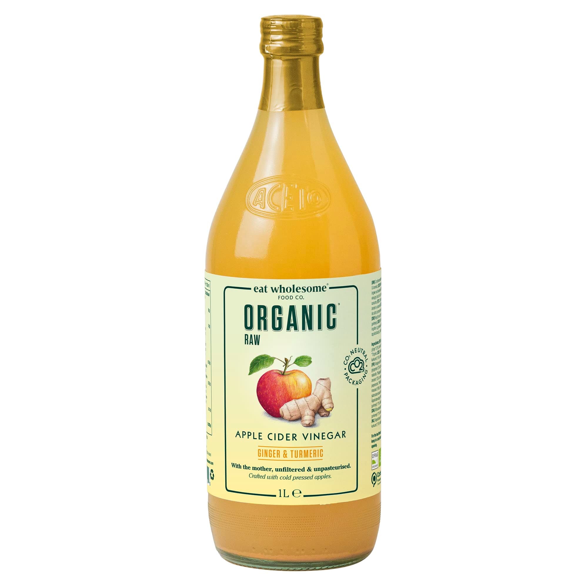 Eat Wholesome Organic Apple Cider Vinegar, Ginger & Turmeric, 1L - Raw, Unpasteurised, Unfiltered, With The Mother, Vegan, Glass Bottle in Box