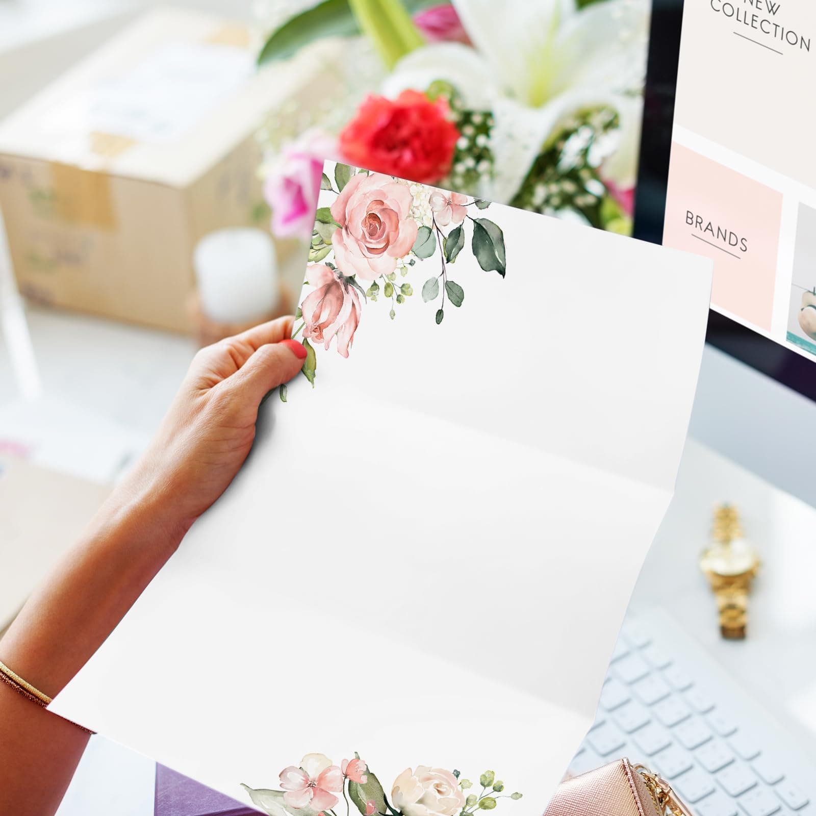 AnyDesign 60枚 花柄 文房具 レターヘッド ペーパー 水彩 ピンク 花 文字 紙 春 筆記用紙 ノート グリーティングペーパー 結婚式 ブライダルシャワー 招待状 オフィス印刷 8.5 x 11インチ