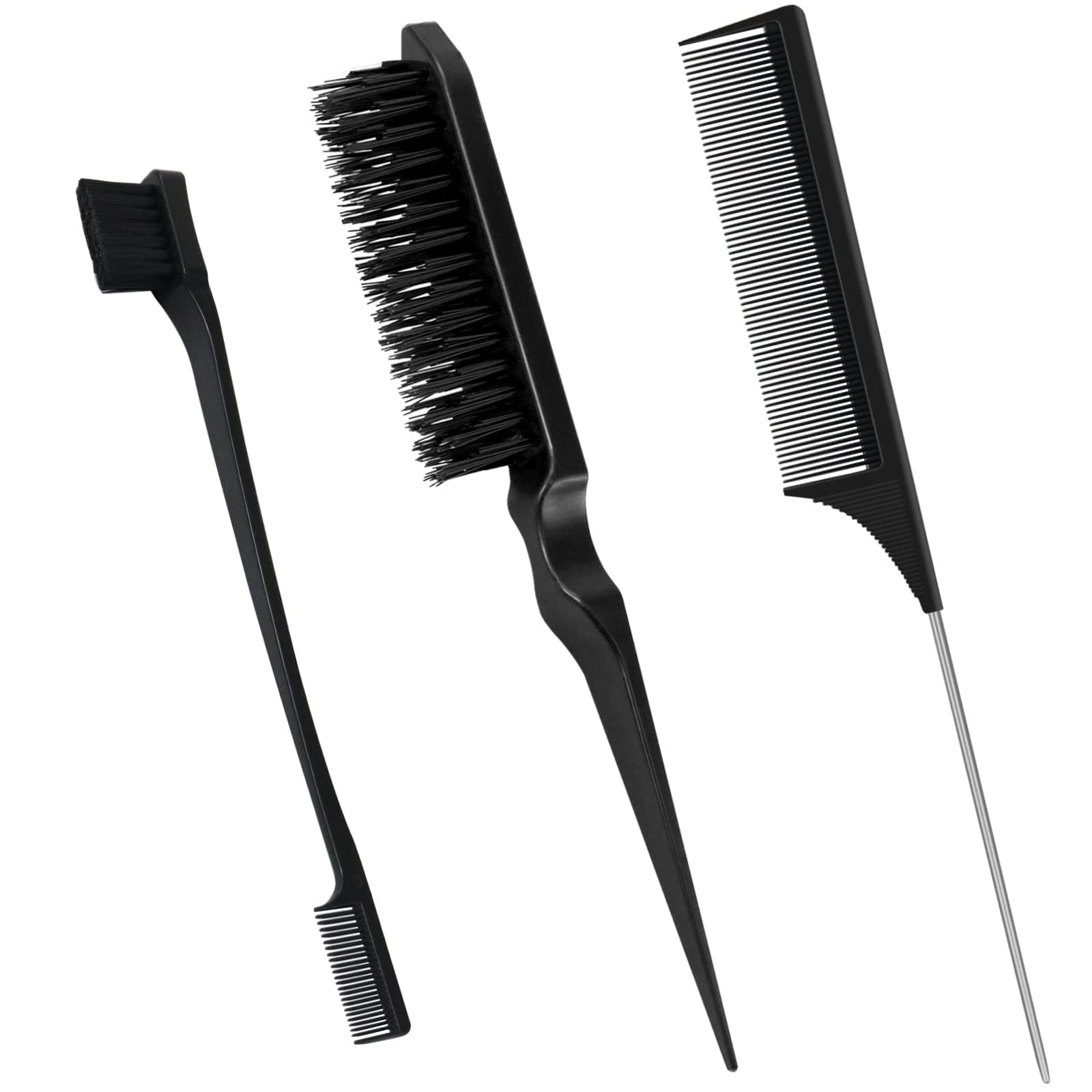 3 Pcs Slick Brush Set, Plastic Bristle Hair Brush and Teasing Comb, Rat Tail Comb Double Sided Edge Brush for Hair Slicking, Brushing, Combing and Styling