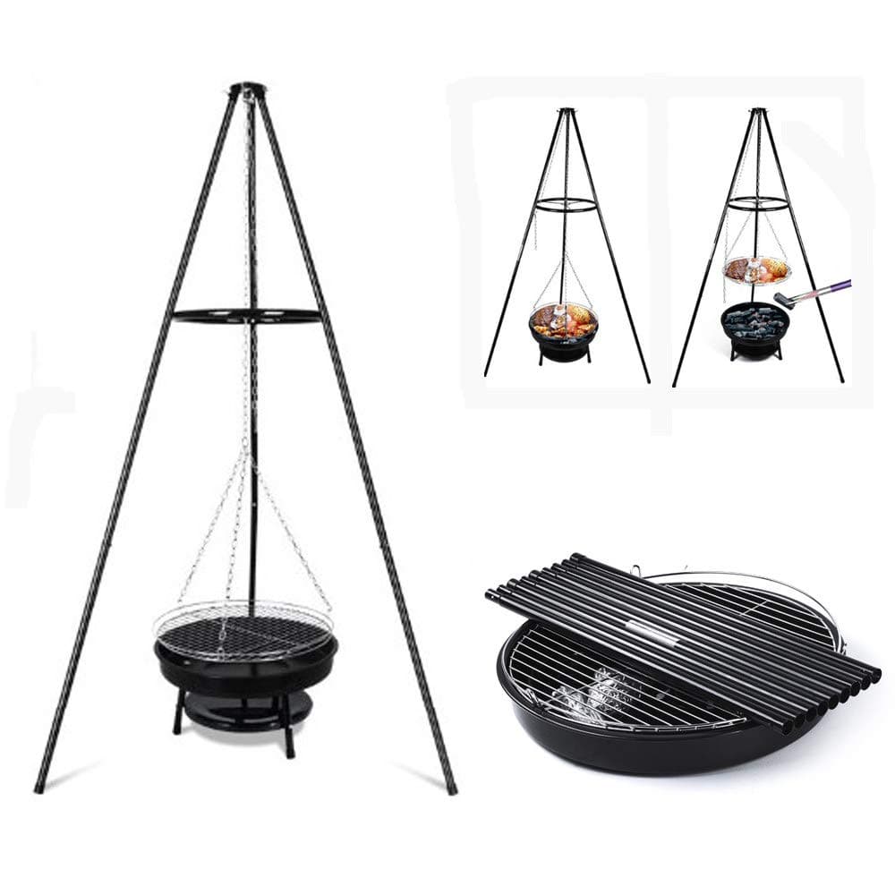 CONRAL Tripod Grilling Set with Fire Pit Cooking Grill Grate, Outdoor BBQ Camping Cookware, Adjustable Height, Foldable and Portable Swing Away Barbecue Grill, Black