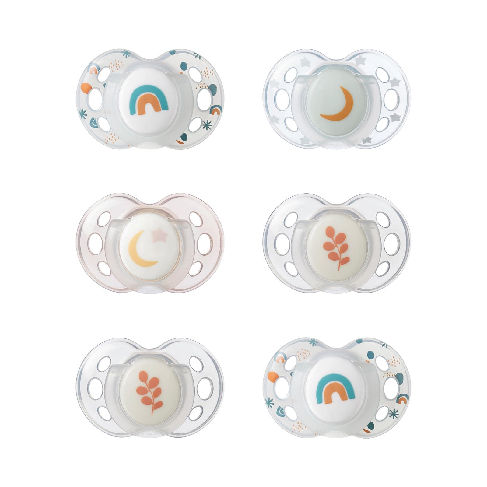 Nighttime Soothers, 18-36m, 6 Pack, Glow in The Dark, Varied Colours and Designs, Symmetrical Orthodontic Dummy, BPA-Free Silicone Teat
