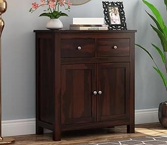 Solid Sheesham Wood Wooden Sideboard Storage Cabinet : Ideal for Living Room and Bedroom with 2 Drawers and 2-Shelf Storage (Clovis, Walnut Finish)