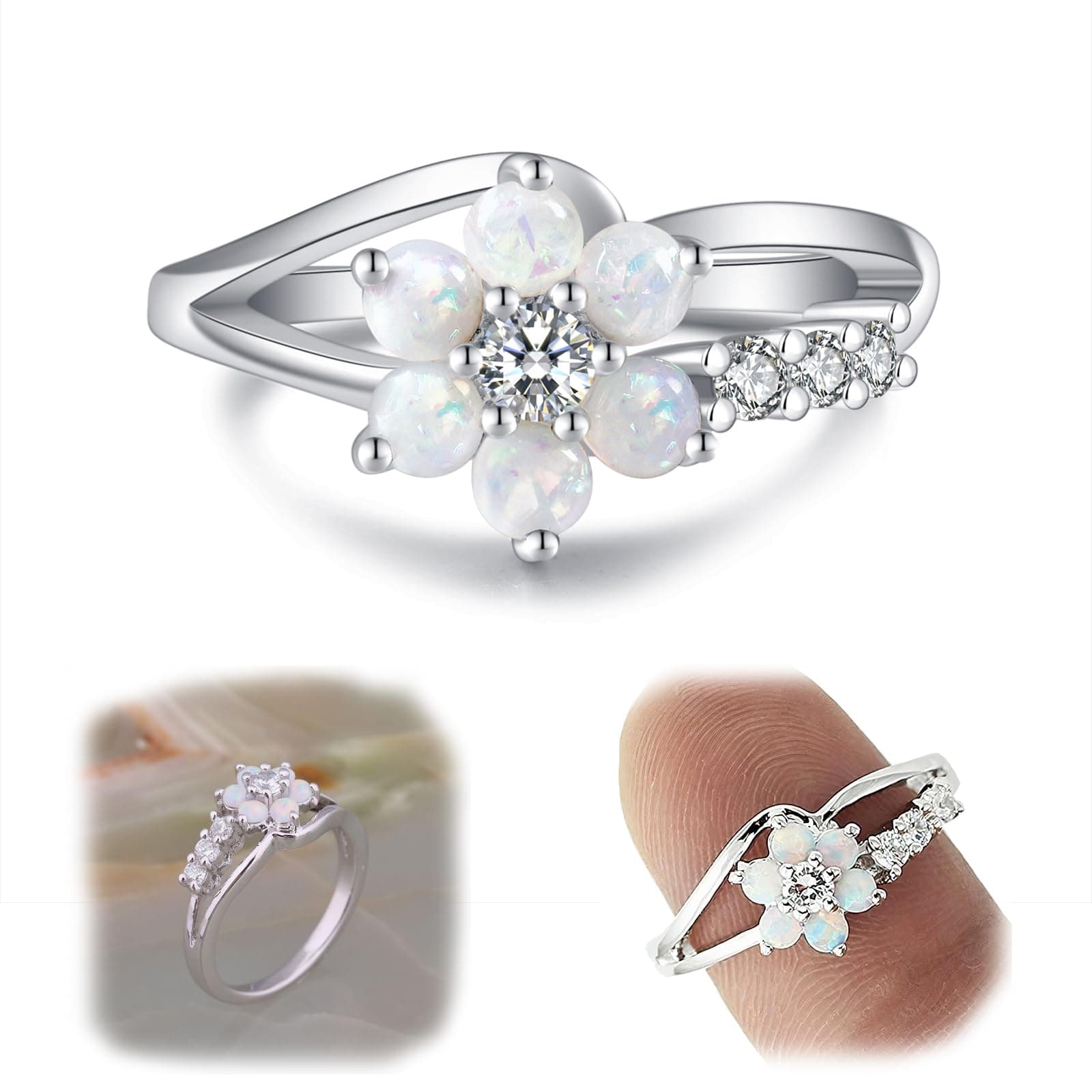 Exquisite Round Cut White Created-Opal Stone Flower Created Opal Rings Women Jewelry Birthday Proposal Gift Bridal Engagement Party Band Rings