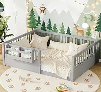 Bellemave Full Size Floor Bed with high Rails high Rails and Bookshelf for Kids, Girls, Boys, Wood Montessori Floor Bed Without Door, Gray