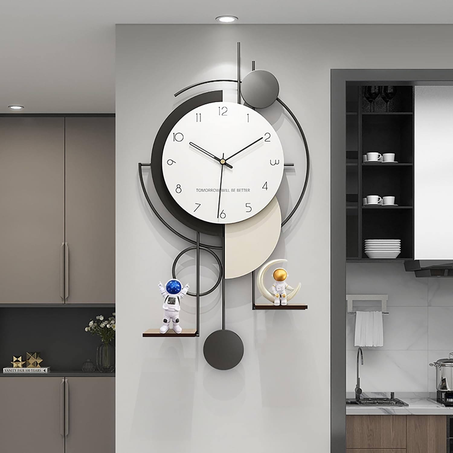 Large Modern Wall Clock Decorative for Living Room Decor with Battery Operated Non Ticking Silent Metal Wall Decor Clocks with Shelf Bedroom Study Office 32"