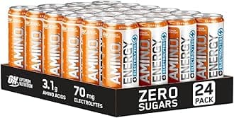 Optimum Nutrition Essential Amino Energy + Electrolytes, Ready to Drink Sugar Free EAA Energy Drink with Electrolytes and Caffeine, Workout Supplement for Men and Women, Orange, 24x250 ml