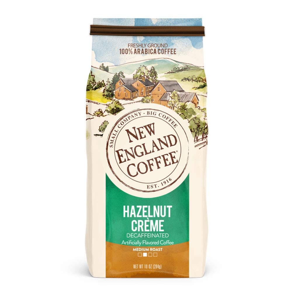 New England Coffee Hazelnut Creme Decaffeinated Medium-Roast Ground Coffee, 10-Ounce Bag (Pack of 3), Sweet & Nutty Flavor