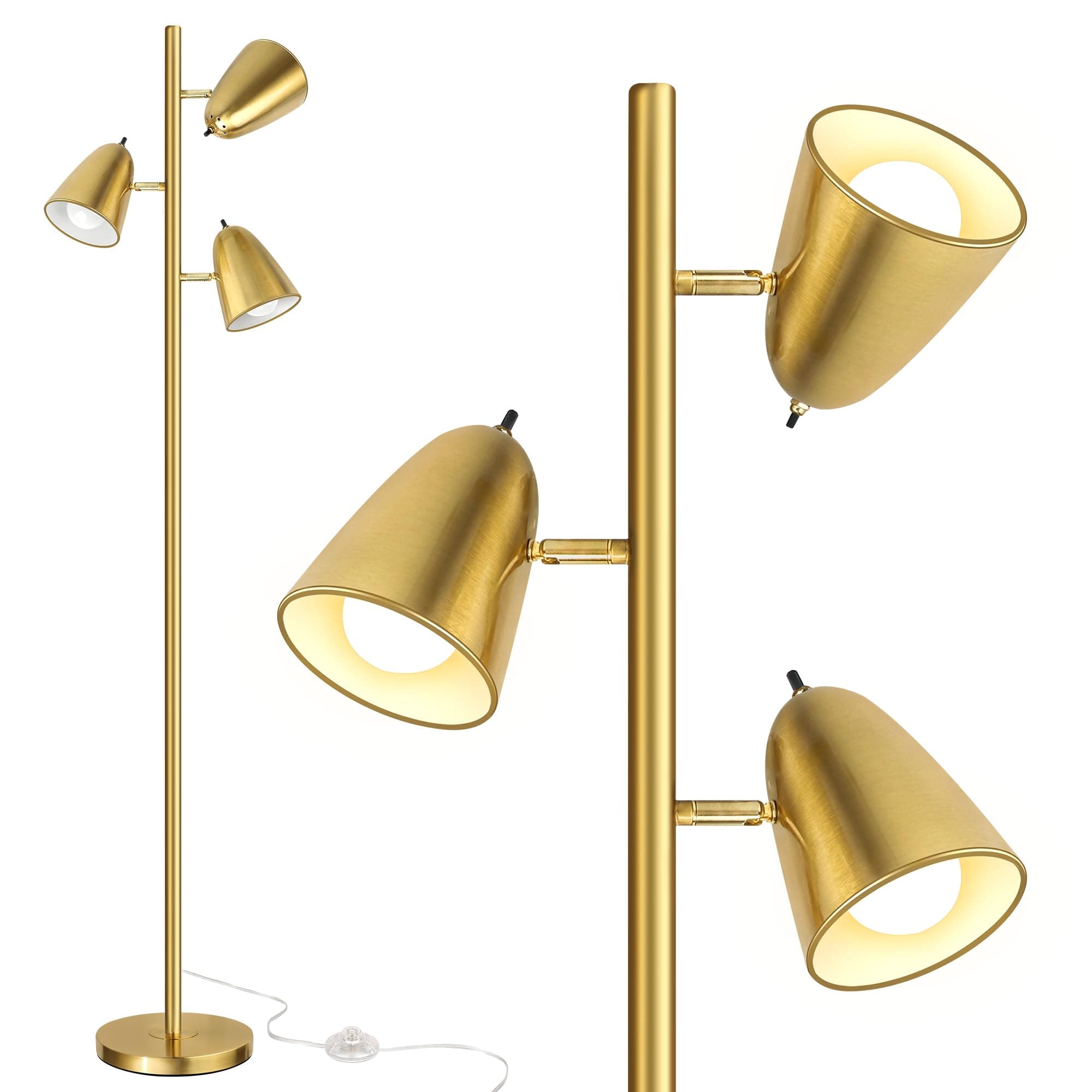QiMH Tree Floor Lamp with 3 Light Bulbs, Standing Tall Pole Lamps for Living Room Bedroom Office, Reading Stand up Lamps with 3 Adjustable Arms, Brushed Gold