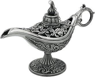 Vintage Legend Aladdin Magic Genie Lamp - Metal Carved Wishing Light for Home Wedding Party Tabletop Decoration Delicate Gift,Medium Silver