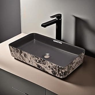 REMANENCE Designer Table Top Wash Basin For Bathroom | Ceramic Bathroom Sink | Wash Basin Over Counter Bathroom Basin (24 x 14 x 4 Inch) (Designer Grey N White Black SL 53)