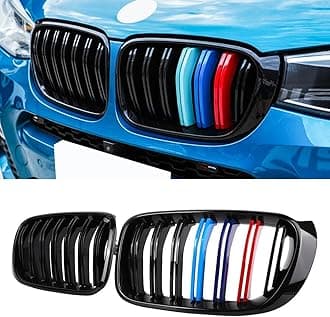 MAXDOM LLC MAXDOM Replacement Front Upper Grill Fit for BMW (2015-2017) X3 F25 LCI (2015-2018) X4 F26 – Gloss Black Double Slats Tricolor ABS Grille