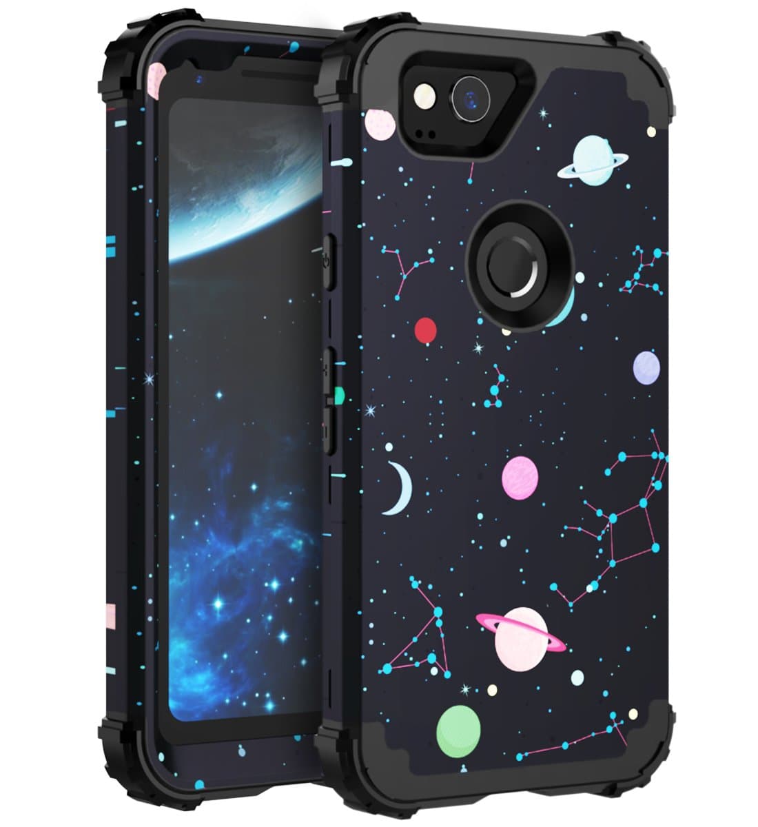 FOOXII Google Pixel 2 Case Space Cute Kids Boys Google Pixel2 Case [Heavy Duty] Silicone + Plastic Three Layer Hybrid Case High Impact Resistant Protective Cover Case for Google Pixel 2 Space Black