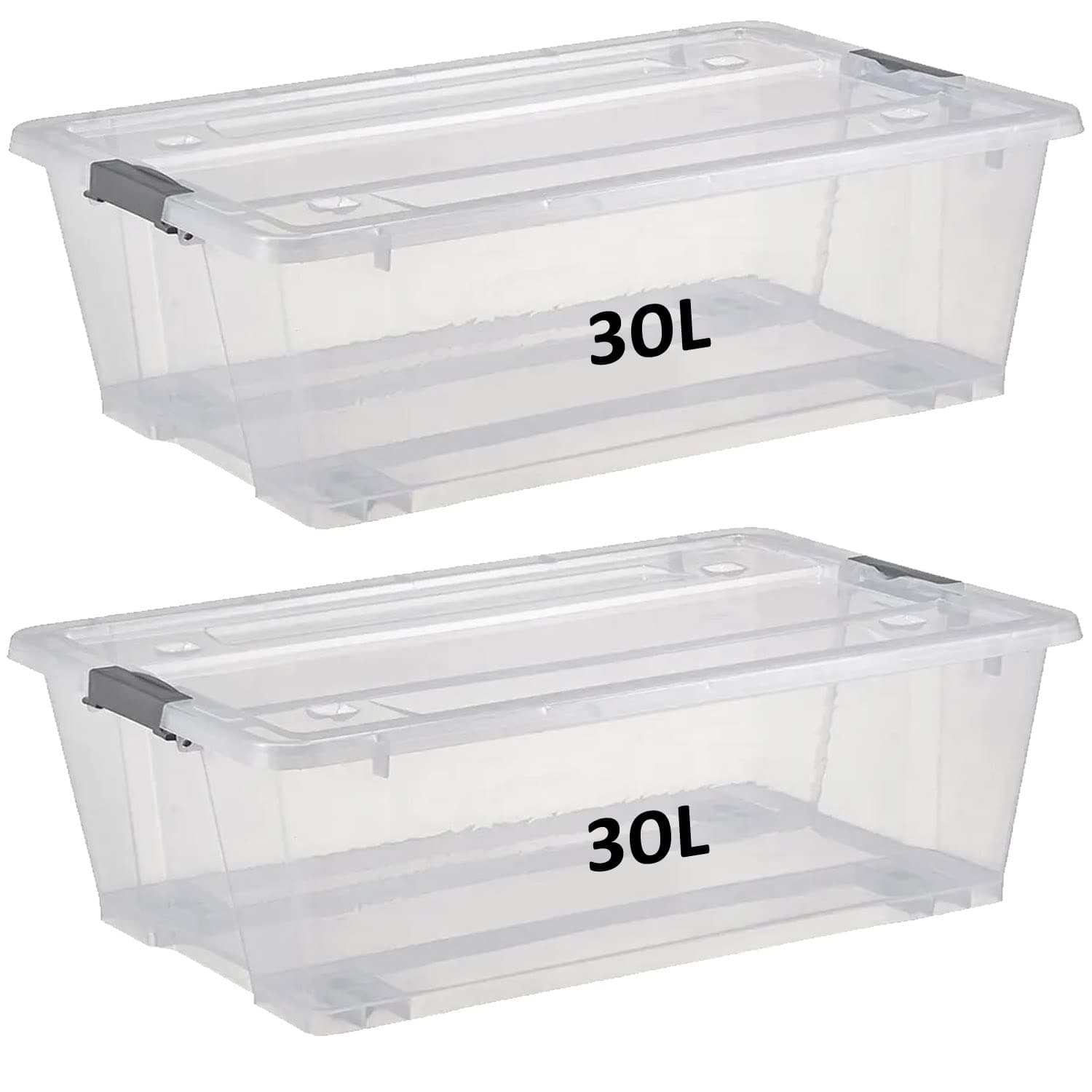 Premify 30L Storage Box With Lid & Wheels | Slim Under Bed Plastic Organizer – 2pcs Stackable Transparent Boxes Storing Clothes, Toys, Shoes, Tools, Medicine, Office Supplies, Arts & Crafts, Kitchen