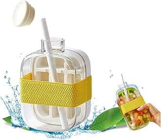 2-in-1 Ice Cube Bottle with Straw - Easy Press Ice Tray Water Bottle, Leak Proof Lid, Vertical Ice Maker for Freezer, Travel, Gym & Home Use (White, 500ml)