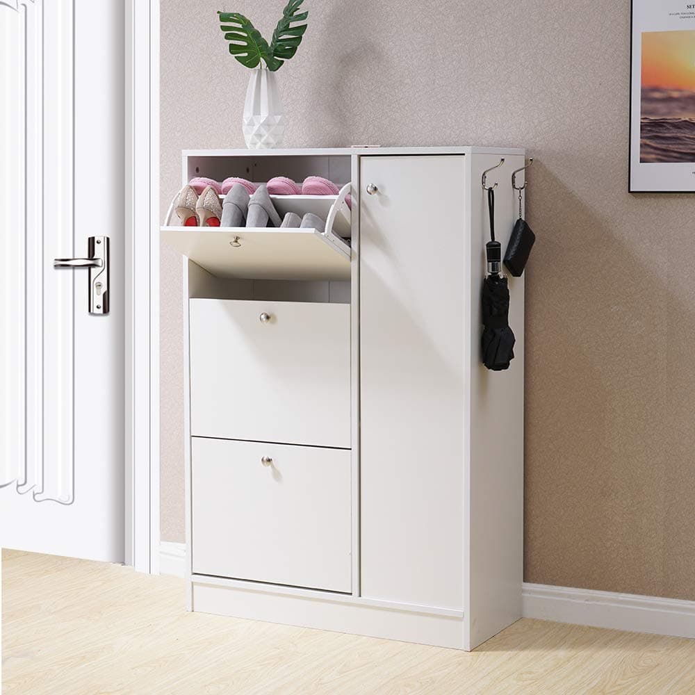 HomJoy Wooden Shoe Cabinet with 3 Pull Down Drawers, 1 Door and 2 Hooks, Hallway Storage Cupboard (White)