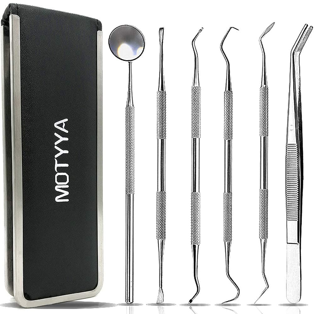 Dental Tools 6 Pack, MOTYYA Teeth Cleaning Tools Professional Dental Hygiene Kit Stainless Steel Dental Picks Oral Care set to Remover Tartar, tooth scraper,Mouth Mirror for home use (6 Tools)