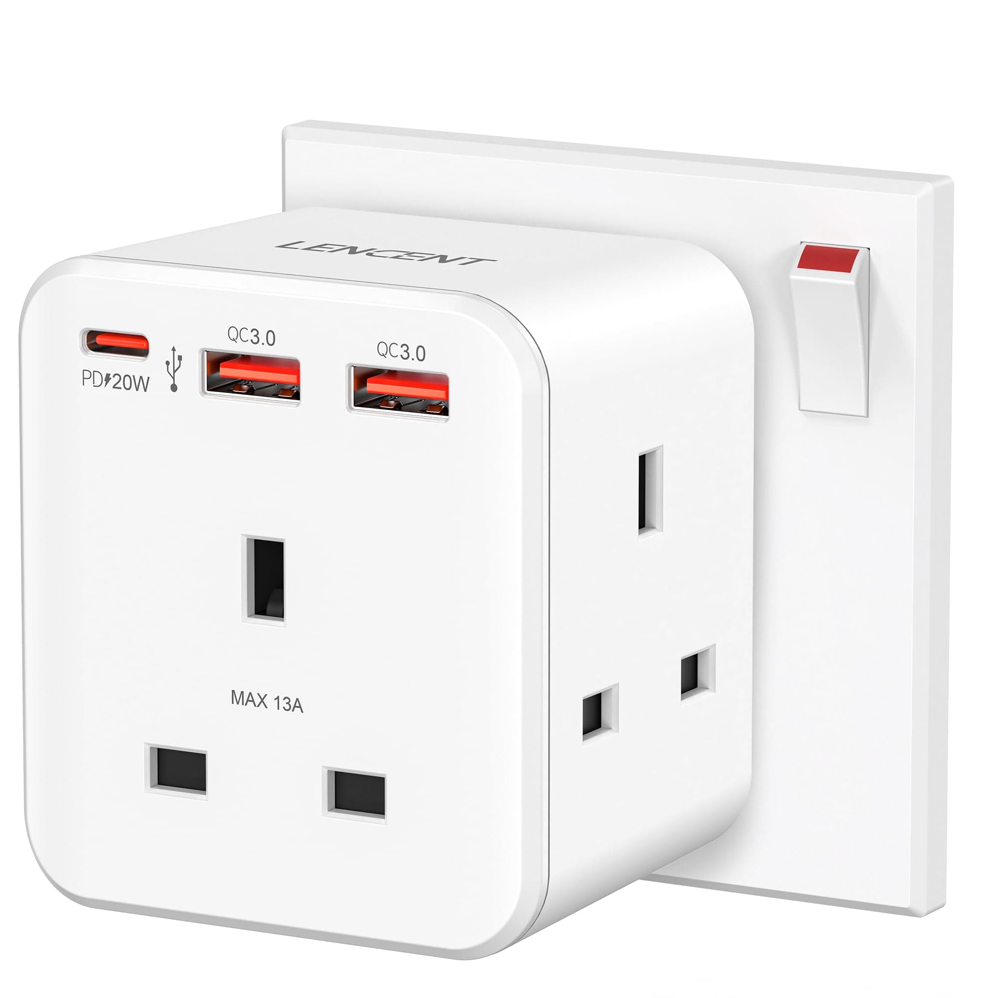Multi Plug Extension, 3 Way 3 Plugs Socket adapter, 6-in-1 Cube Electrical Extender Outlet Adaptor, PD&QC 3.0 20W USB Wall Charger, Plug Expander for Home, Office, Kitchen, 13A 3250W