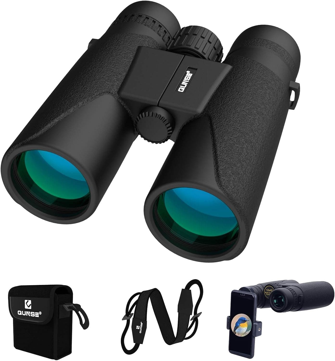 QUNSE Binoculars for Adults 12x42 with Phone Adapter Compact Binoculars Bird Watching Travel Sightseeing Hunting Wildlife Outdoor Sports Games and Concerts