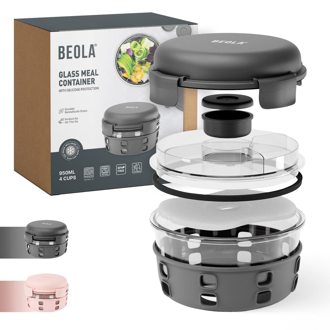 BEOLA Lunch Box, Food Container with Ice Pack, Sauce Cup, Borosilicate BPA Free Glass Salad Bowl with Silicone Protection, Freezer, Dishwasher, Microwave Safe, Glass, 950ml (Lava Gray)