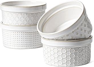 LE TAUCI Ramekins 12 oz, Ramiken for Creme Brulee, Souffle, Dipping Sauce, Ceramic Embossment Housewaming Gift -4.8 inch, Set of 4, Arctic White