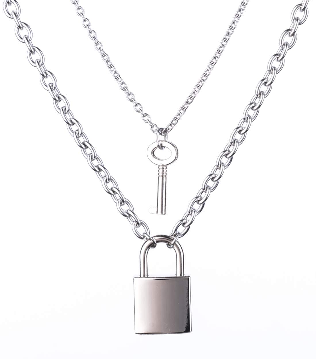 Lock Key Pendant Necklace Statement Long Chain Punk Multilayer Choker Necklace for Women Men