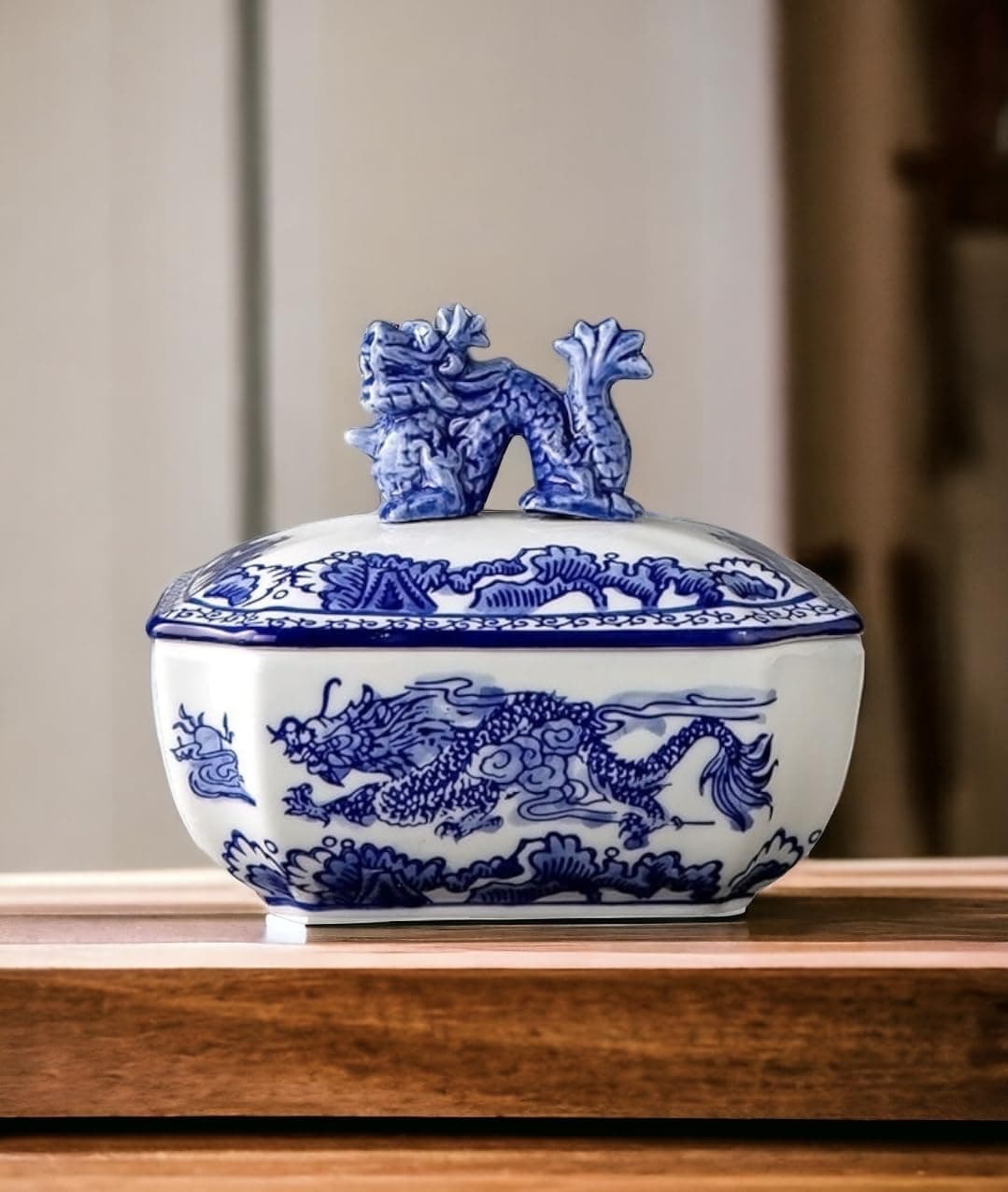 Festcool Classic Blue and White Ceramic Porcelain Jar Rectangle Canister, Sugar Candy Container, Tea Container, Dragon Button Lid, Hand-crafted Chinoiserie Decor