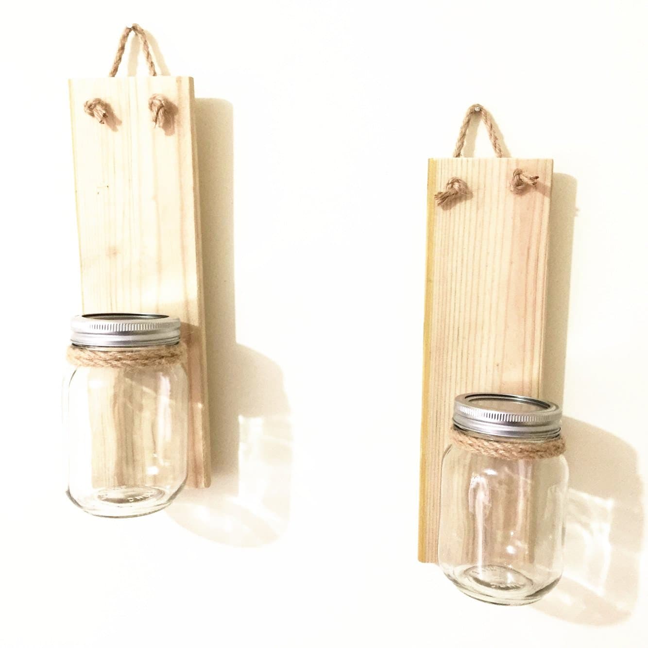 loveyourlife Natural Wood Mason Jar Wall Sconce with Hydrangeas, Rustic Wedding Gift, Shabby Chic Mason Jar Candle Holders (Without Flower)