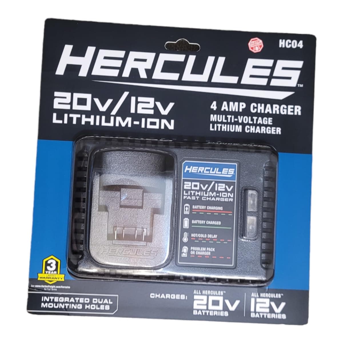 20V/12V Lithium-Ion Multivoltage Charger, LED Charge Indicator, Can be Wall-Mounted, Compbatible with Hercules