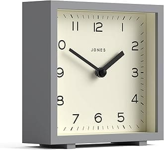 JONES CLOCKS® Disco Desk Clock | Sleek Square Design | Gray | Stylish and Easy to Read for Shelf, Table, Mantel or Bedside