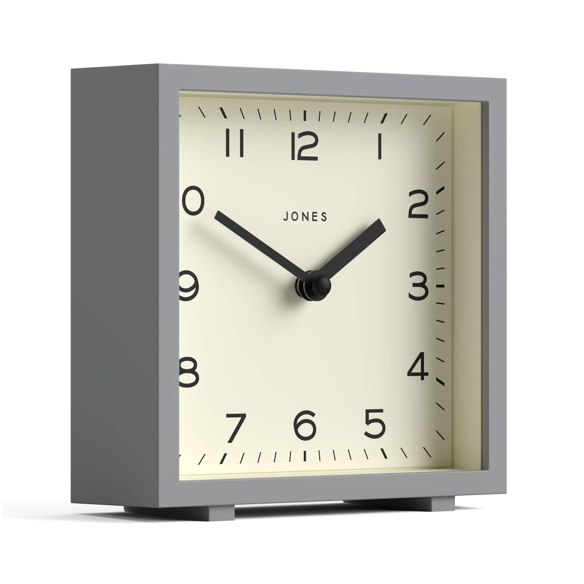 JONES CLOCKS® Disco Desk Clock | Sleek Square Design | Gray | Stylish and Easy to Read for Shelf, Table, Mantel or Bedside