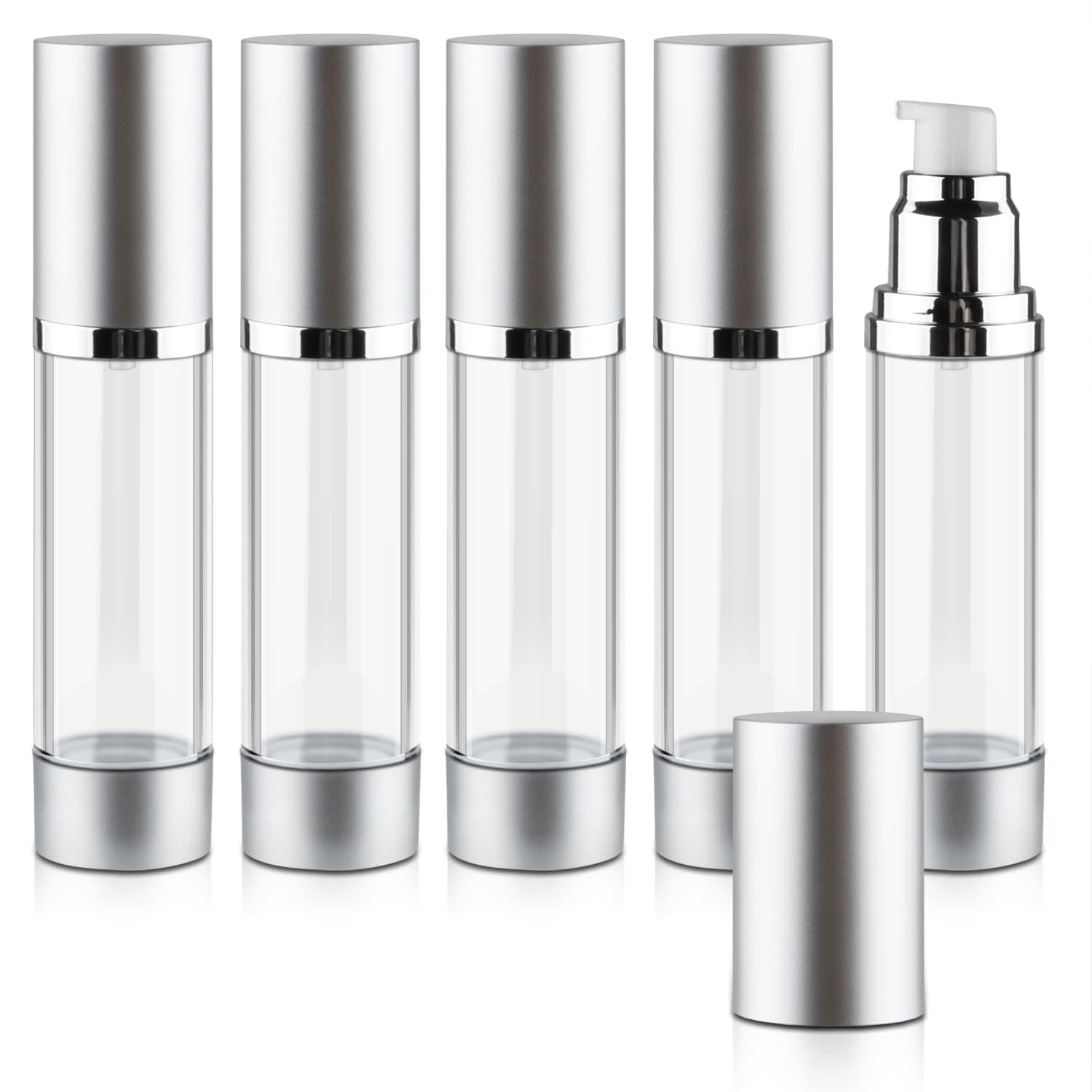 5 Pcs 50ml/1.7oz Airless Pump Bottles Plastic Vacuum Bottle Refillable Lotion Pump Press Dispenser Clear Cream Jar with Silver Lid for Lotion Foundation Cosmetic