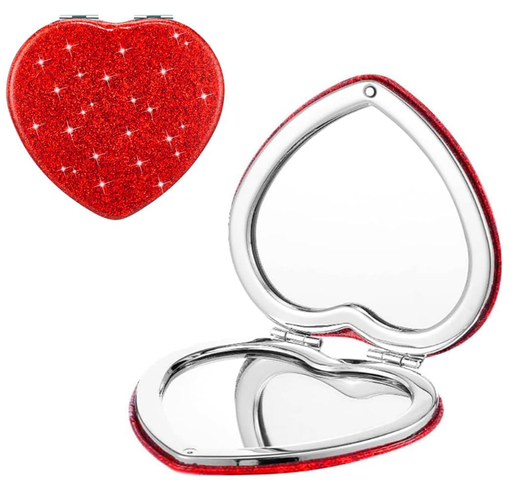 Red Heart Shaped Compact Mirror for Purse,1x/2x Magnification Cute Travel Mirror with Glitter,2.76 inch Double-Sided Mini Folding Mirror,Small Pocket Mirror for Gift,Travel Essentials