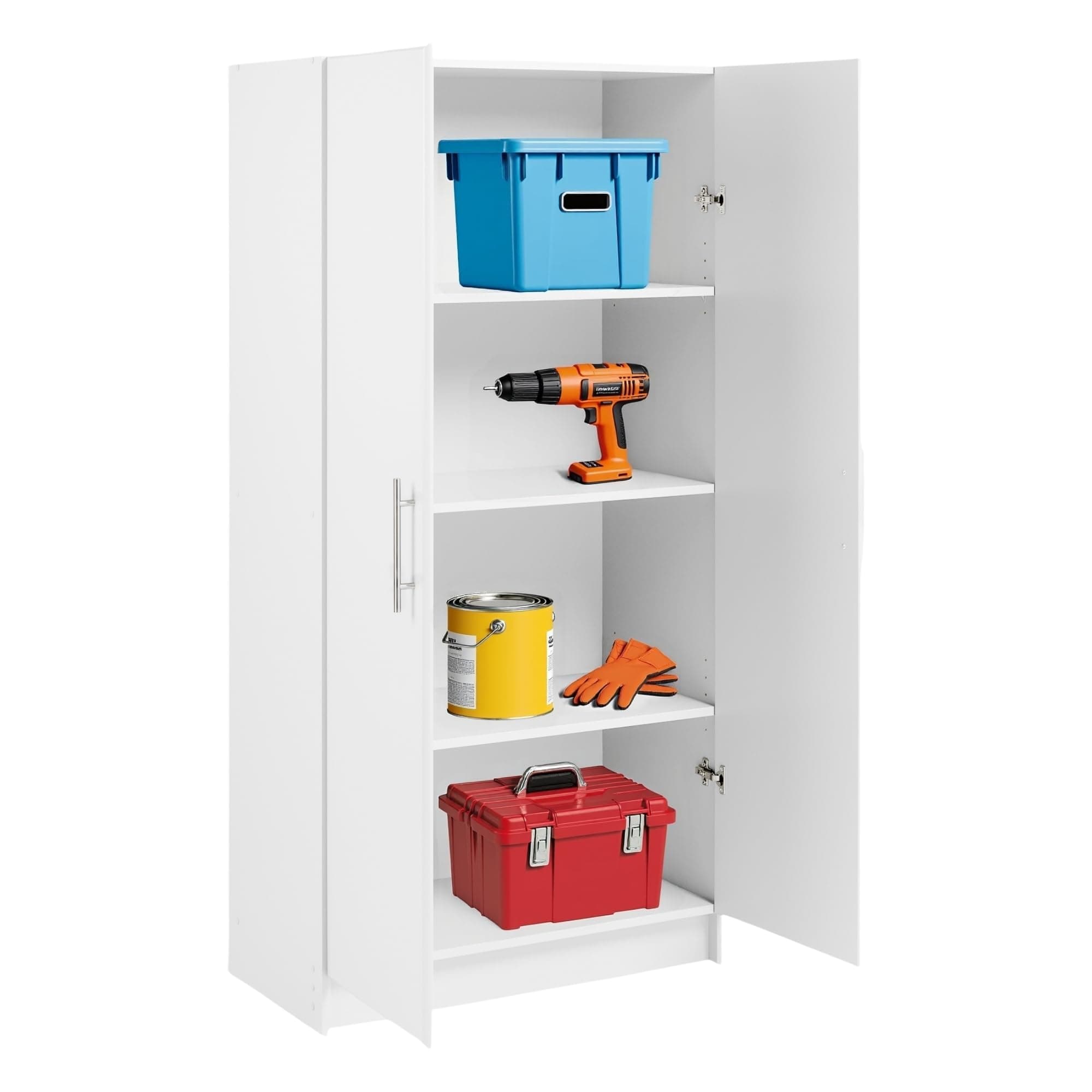 Elite Tall Garage Storage Cabinet & Pantry Storage Cupboard, 2-Door Freestanding Bathroom or Pantry Cabinet with Adjustable Shelves, 16" D x 32" W x 65" H, White