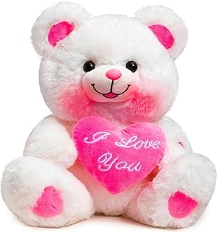 BEJOY Teddy Bear with Pink Heart Plush Bear That Says I Love You and Blushes LED Stuffed Toys for Girlfriend and Kids Valentine's Day 13 inch White