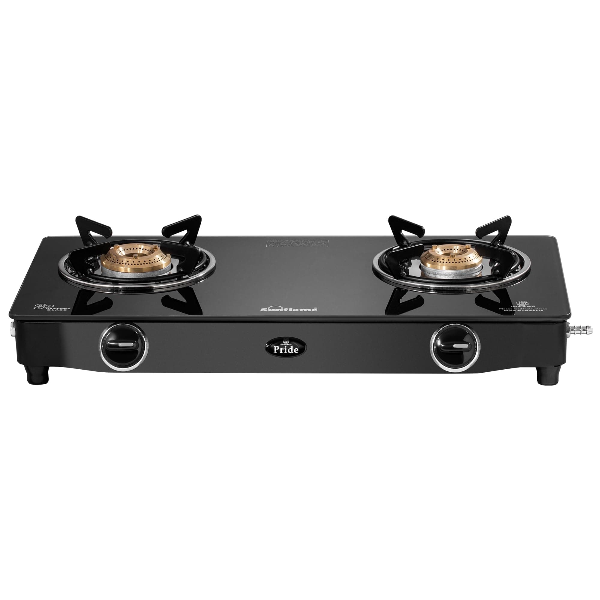 Pride 2 Burner Gas Stove 60 cm Wide | 1 Medium and 1 Small Brass Burners | 2-Years Product Coverage by Sunflame | Ergonomic Knobs | Easy to Maintain | Toughened Glass Top | Black