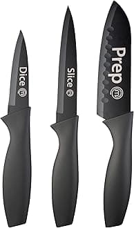 MasterChef Kitchen Knives Set of 3 for Cooking - Chef Knife, Paring Knife & Utility Knife with Professional Sharp Stainless Steel, Non Stick Coated Blades & Soft Touch Handles for Easy Grip, Black