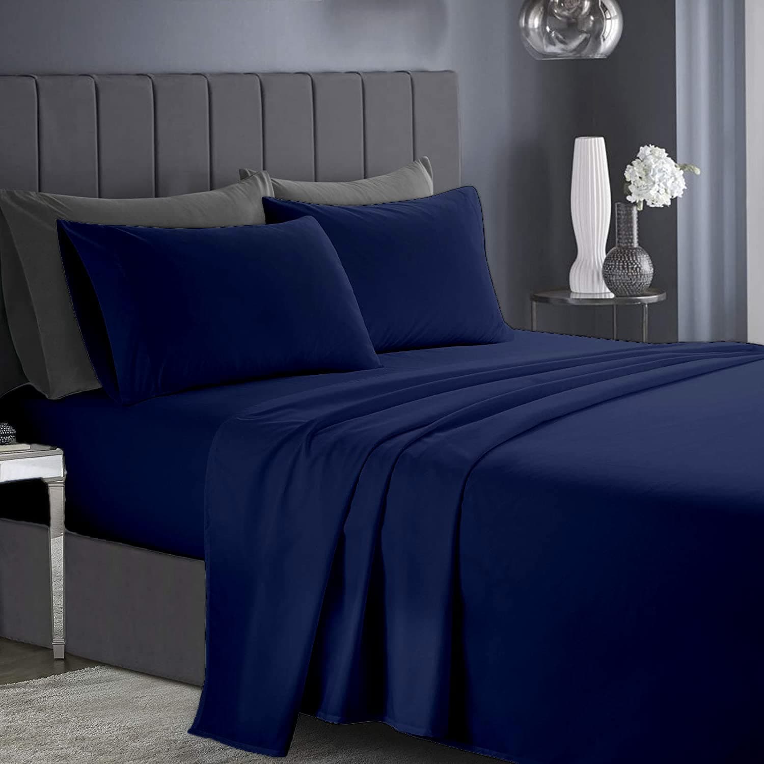 Infinitee Xclusives Navy Queen Bed Sheet Set – 4 Piece Bed Sheet Set – Queen Size 230 cm x 260 cm - Soft Brushed Microfiber Bed Sheets - 40 cm Deep Pockets Sheets Wrinkle Free & Fade Resistant