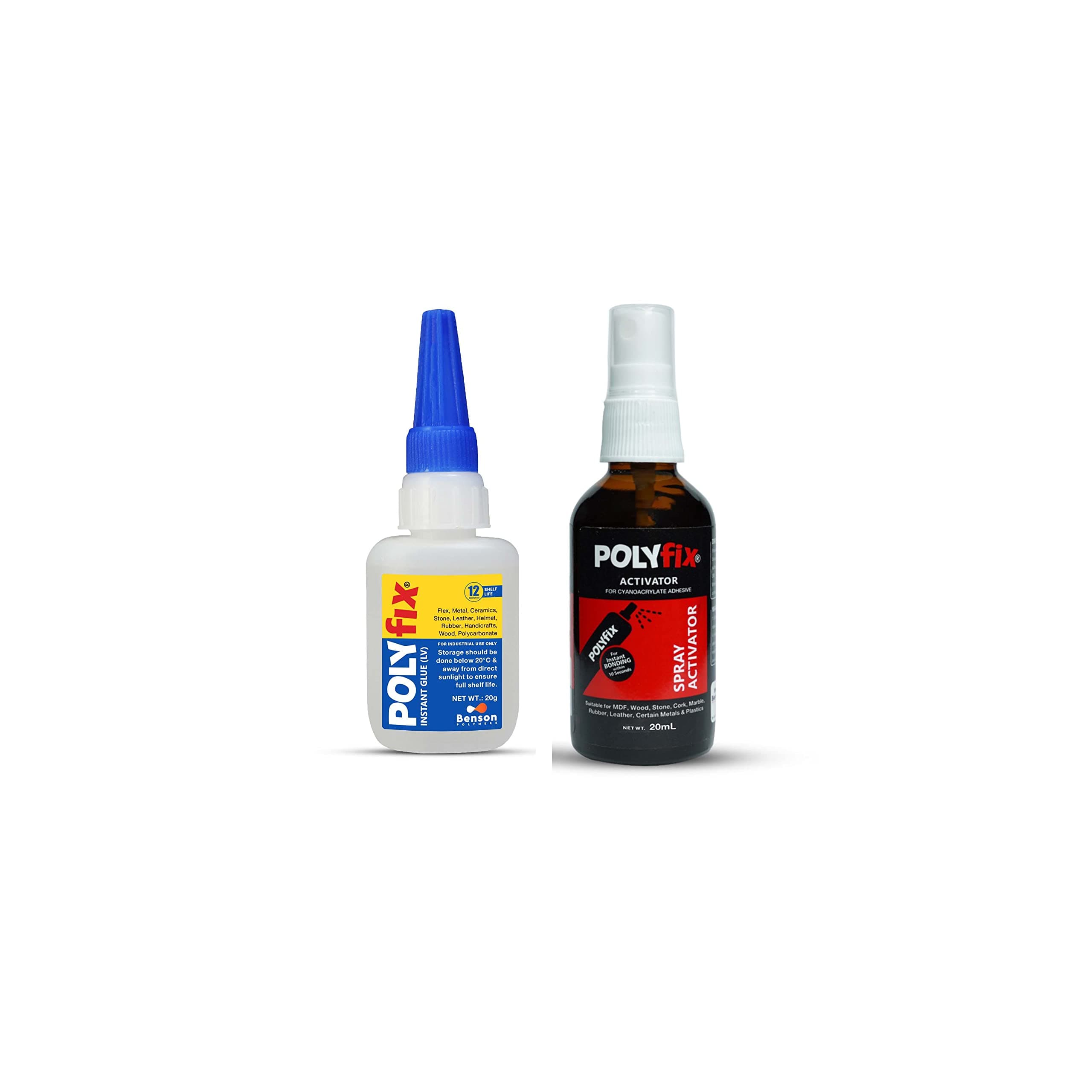 - Polyfix Low Viscosity Cyanoacrylate Instant Glue and Spray Activator (Bottle) Combo Kit - Suitable for Acrylic, Flex, Footwear, Toys, Ceramic, Helmets - for Quick and Strong Bonding - 20g+20ml