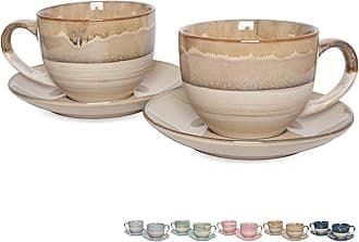 Bosmarlin Ceramic Cappuccino Cup and Saucer Set of 2, 9 Oz, Coffee Cups for Latte, Espresso, Tea, Dishwasher and Microwave Safe, Reavtive Glaze (Brown Grey)