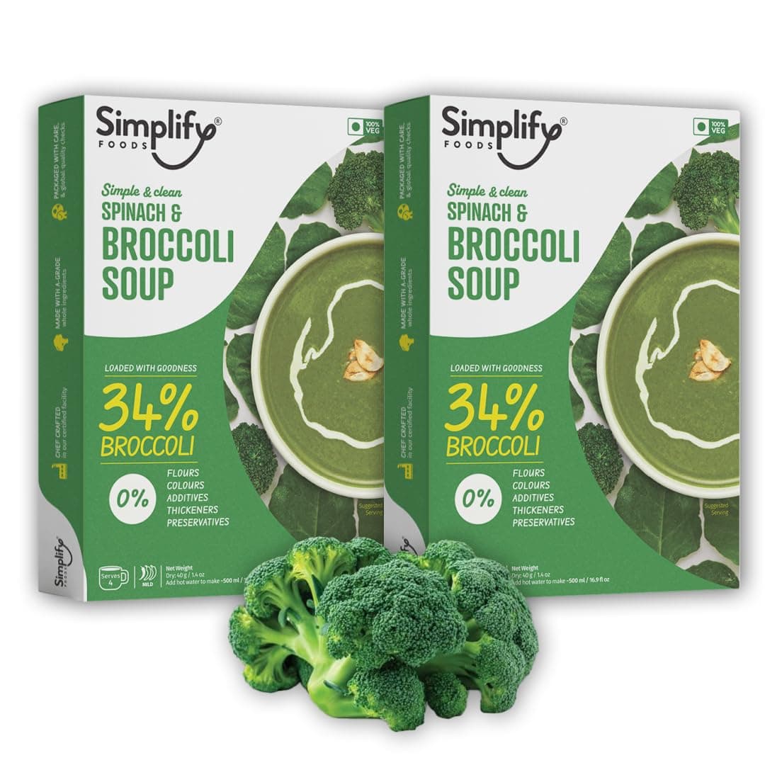 - Simplify Foods Spinach & Broccoli Instant Soup | Made with 34% Real Spinach &19% Broccoli | Pack of 2 (Each Makes 500ml) | Just Add Hot Water | No Cooking Required | Clean Label | 0% Additives or Preservatives