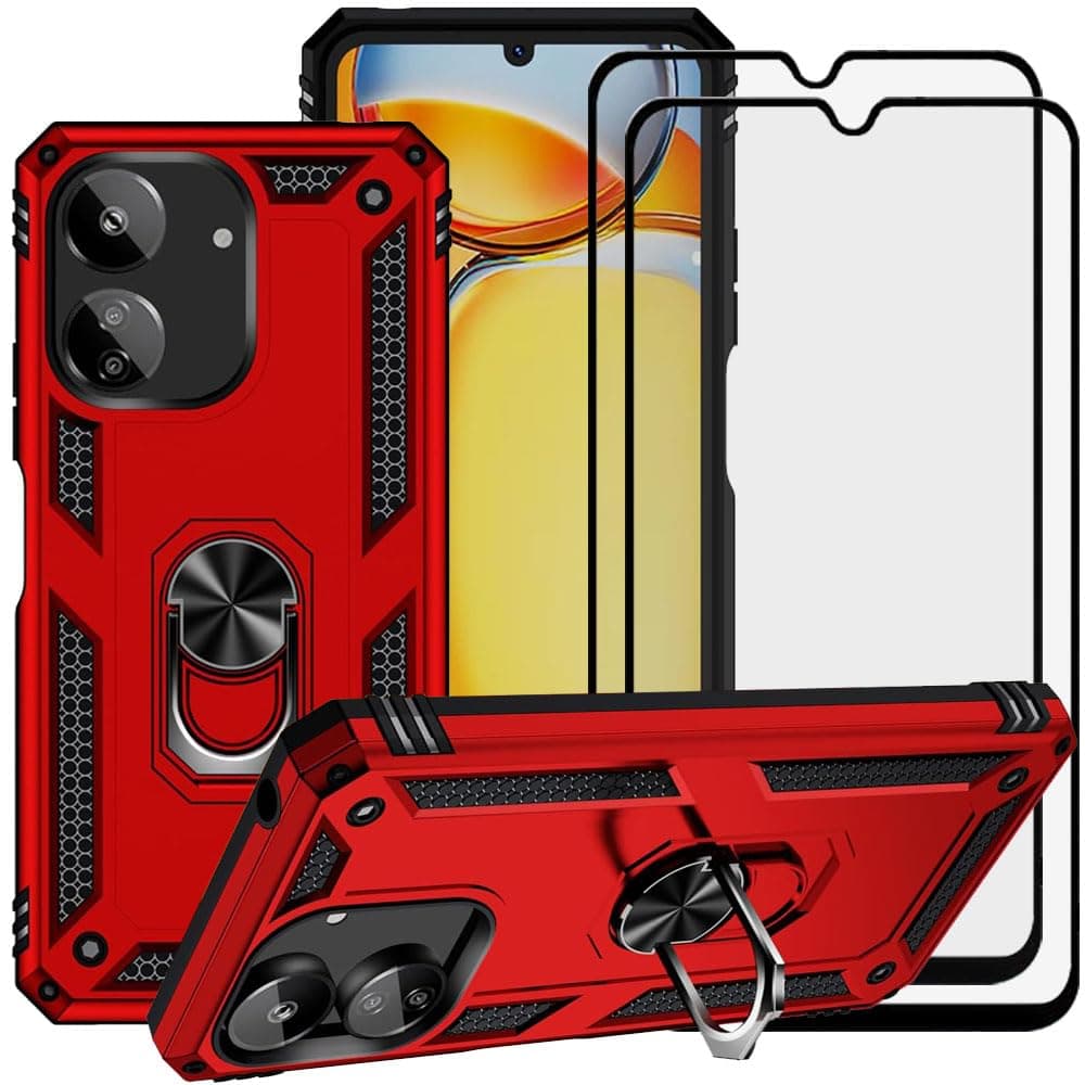 for Xiaomi Redmi 13C 4G / Poco C65 Case with Glass Screen Protector[2 Pack], Hybrid Heavy Duty Dual Layer Anti-Scratch Shockproof Defender Kickstand Armor Case Cover,Red