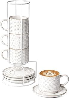 Stackable Cappuccino Cups with Saucers and Stand, 8 oz Large Ceramic Coffee Cup Set for Café Au Lait, Latte, Tea Cup and Saucer Set of 4, Microwave & Oven Safe, Embossed, White