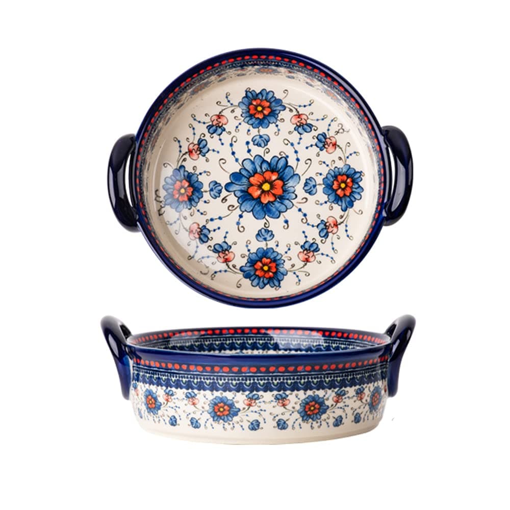 Blue and Orange Flower Vintage Style Ceramic Bakeware Casserole Lasagna Pans Baking Dish with Handles for Oven/Cooking/Kitchen-1 PCS-32 OZ