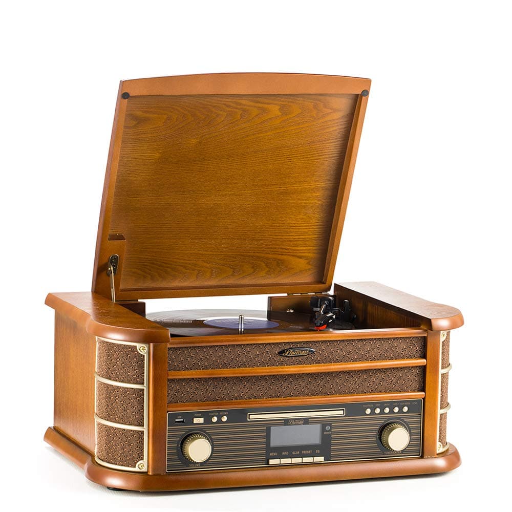 – Vintage 9-in-1 Wireless Music Centre with Remote Control, DAB Digital/FM Radio, 3-Speed Turntable, CD/Cassette Player, USB Playback/Recording, RCA Line Out, Real Wood Construction (MC-250DBT)