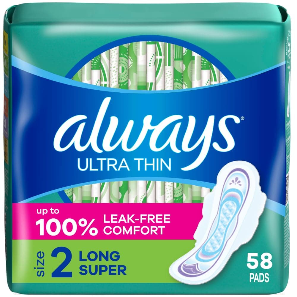 Always Ultra Thin Pads with Wings, Size 2, Long Super, 58 Count
