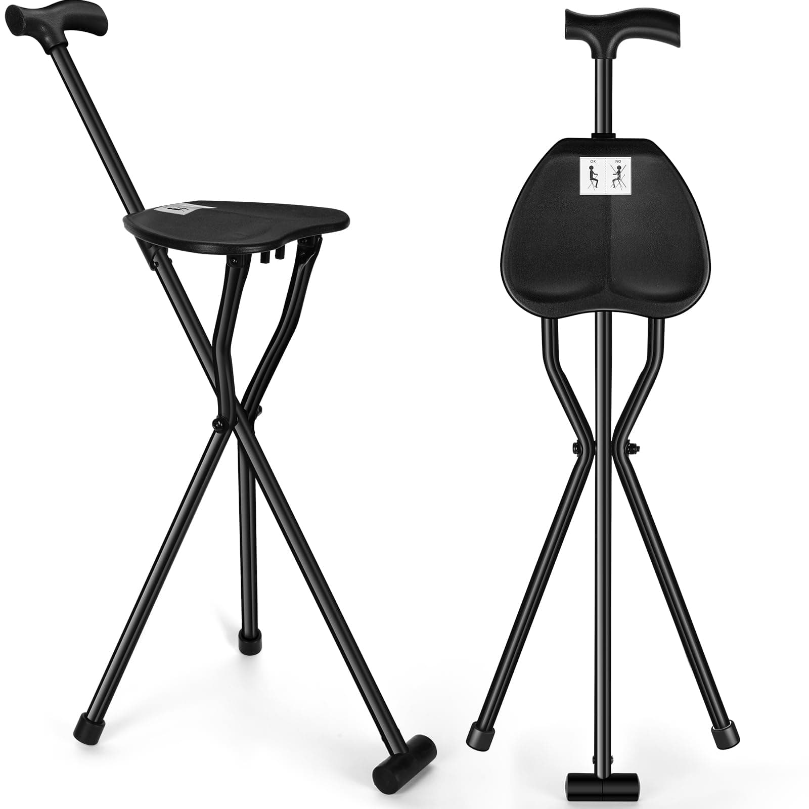 DoubleFill 300 Lbs Folding Canes with Seat Adjustable Walking Lightweight Stick Chair Portable Tripod Cane with Comfortable Handle Anti Slip for Senior Elderly Camping Hiking, Black